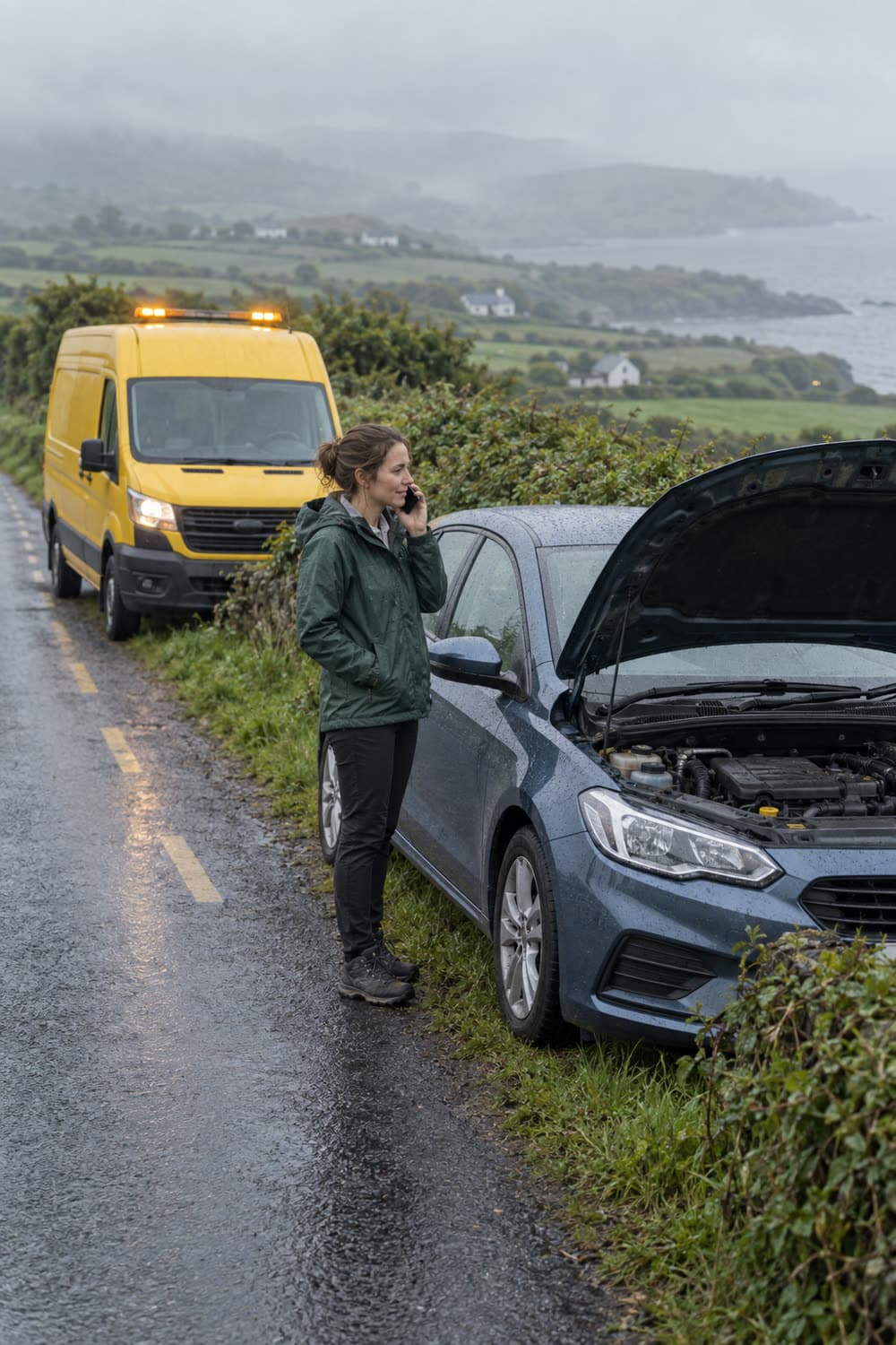 A rental car with its bonnet up on an Irish country road, a yellow recovery van beside it, the driver on the phone