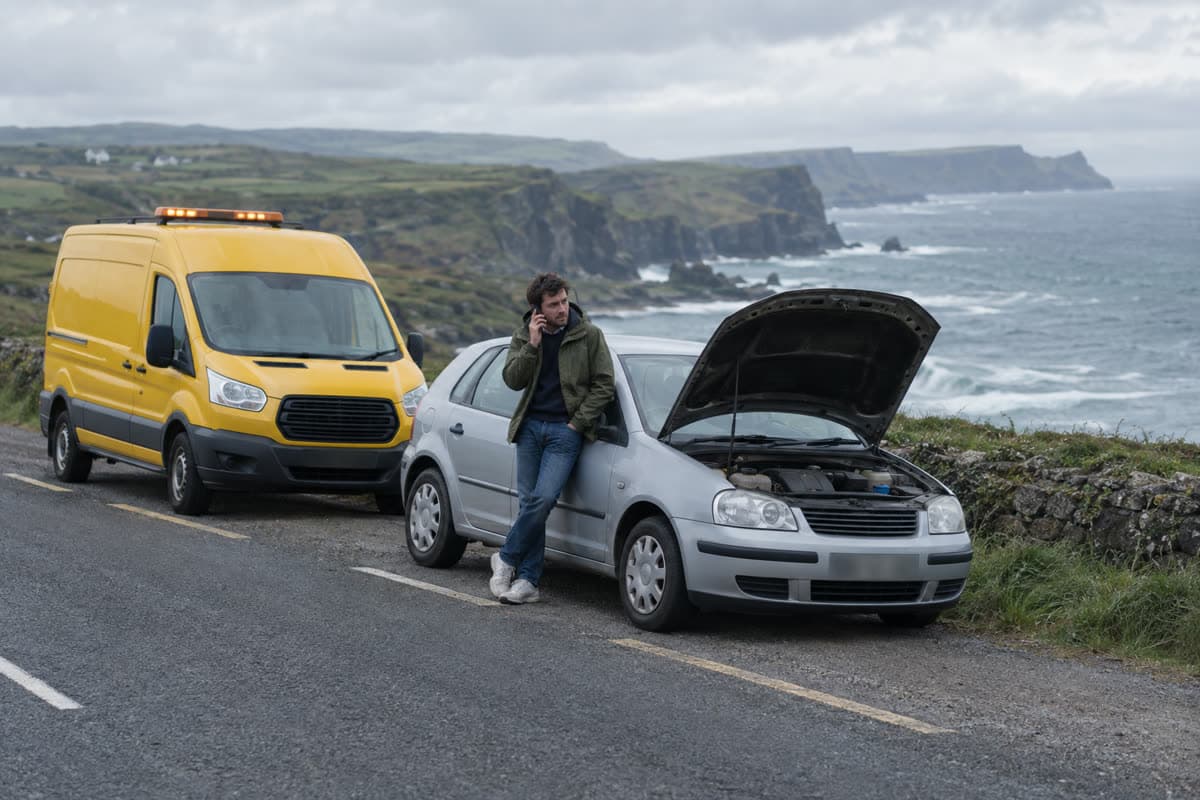 Rental car with its bonnet up and a recovery van beside it, driver calling roadside assistance